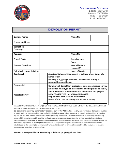 First page of the Demolition Permit Application