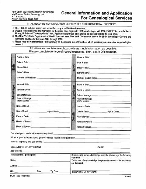 First page of the Genealogical Record Request