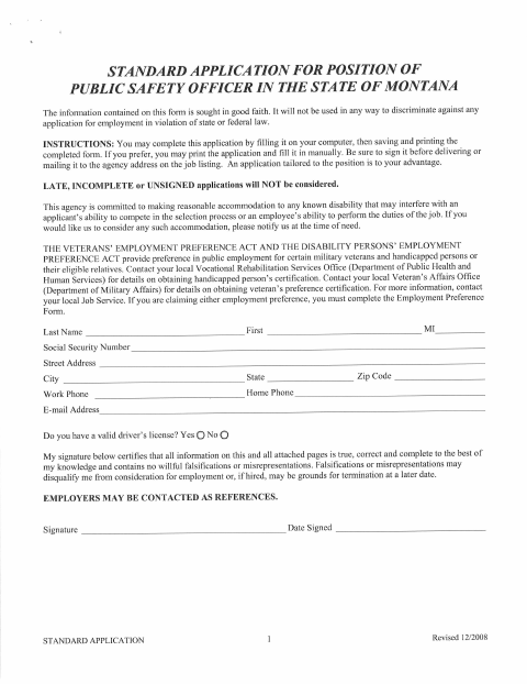 First page of the Public Safety Officer Employment Application