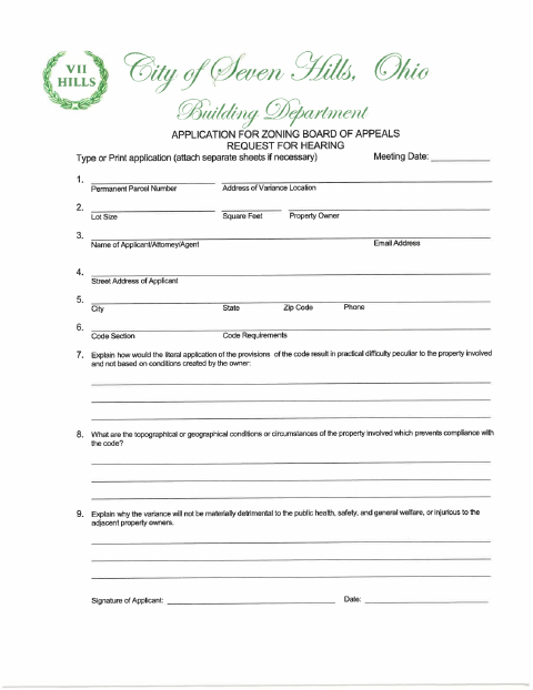 First page of the Zoning Board of Appeals Application