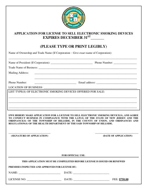First page of the Application for License to Sell Electronic Smoking Devices