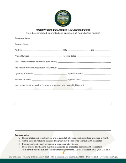 First page of the Haul Route Permit