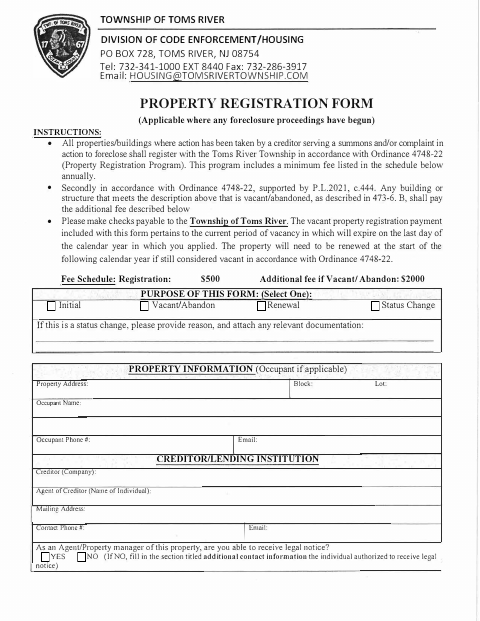 First page of the Foreclosure Property Registration Form