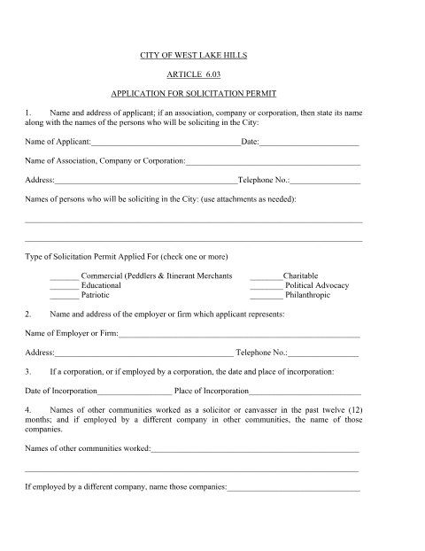 First page of the Solicitation Permit Application