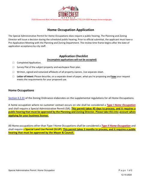 First page of the Home Occupation Special Administrative Permit Application