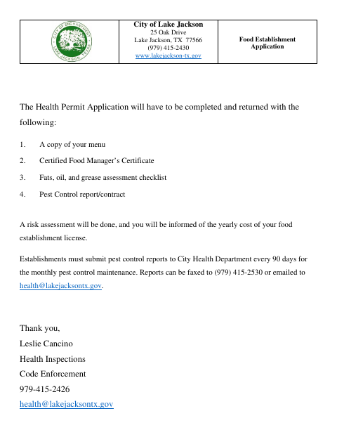 First page of the Food Establishment Application