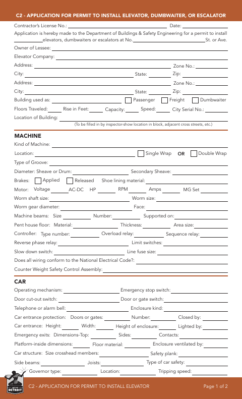 First page of the Application for Permit to Install Elevator, Dumbwaiter, or Escalator