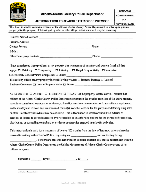 First page of the Authorization to Search Exterior of Premises