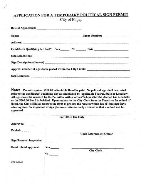 First page of the Temporary Political Sign Permit Application