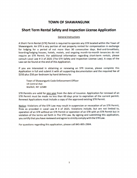 First page of the Short Term Rental Safety and Inspection License Application