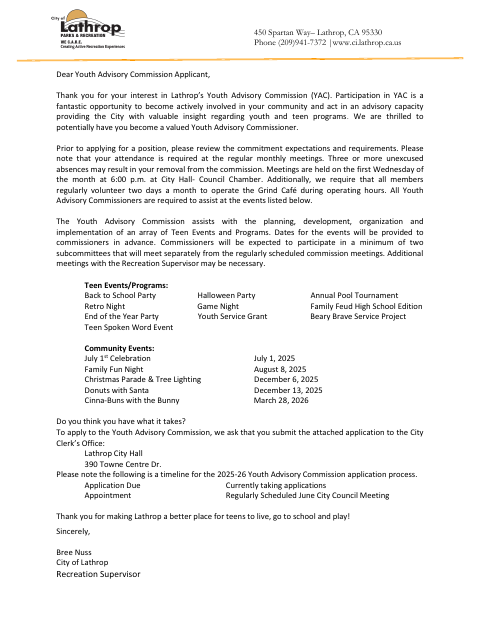 First page of the Youth Advisory Commission Application