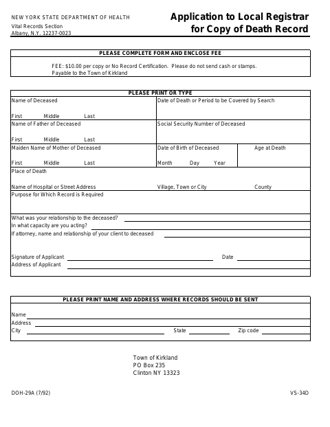 First page of the Application to Local Registrar for Copy of Death Record