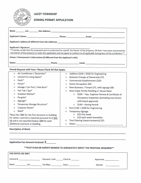 First page of the Zoning Permit Application for New Business Owners and Tenants