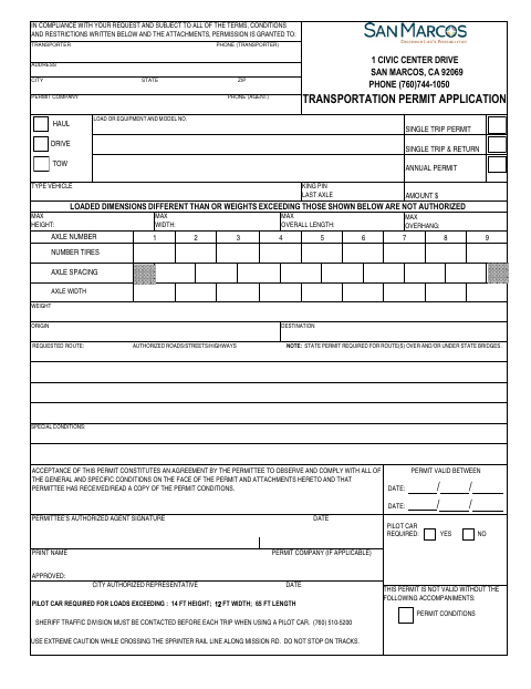 First page of the Transportation Permit Application