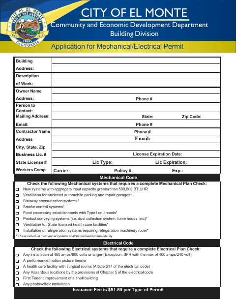 First page of the Electrical/Mechanical Application