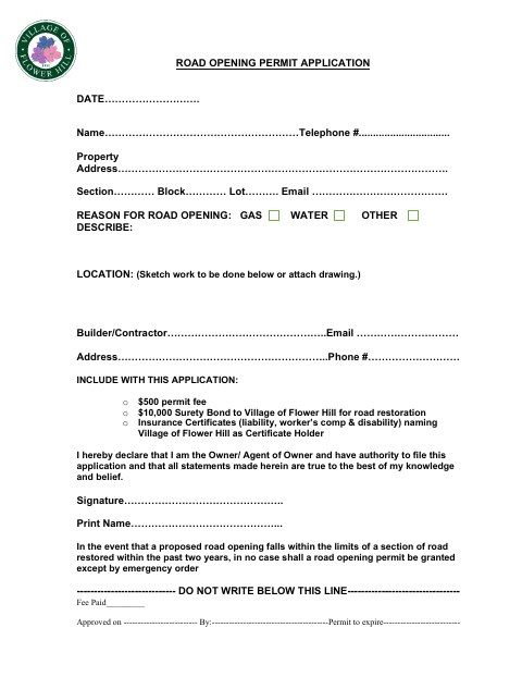 First page of the Road Opening Permit Application