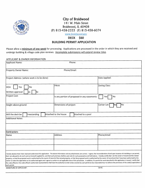 First page of the Deck Building Permit Application