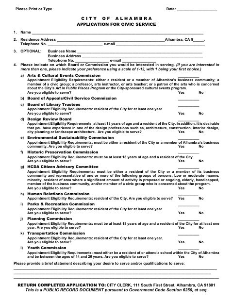 First page of the Application For Civic Service