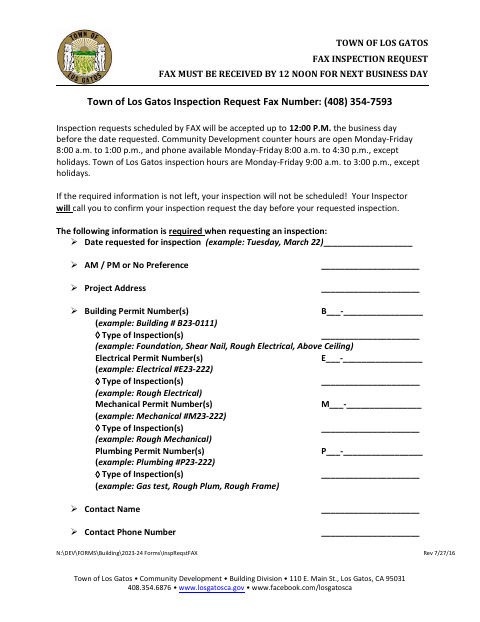 First page of the Fax Inspection Request
