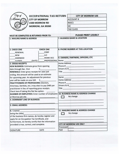 First page of the Occupational Tax Business Return
