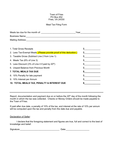 First page of the Meal Tax Filing Form