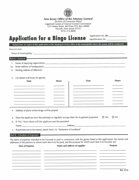 First page of the Bingo License Application With Checklist