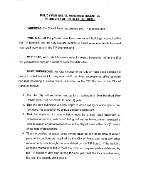 First page of the Retail Incentive Policy and Application