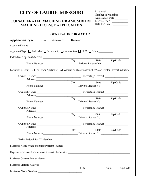 First page of the Coin-Operated Machine or Amusement Machine License Application