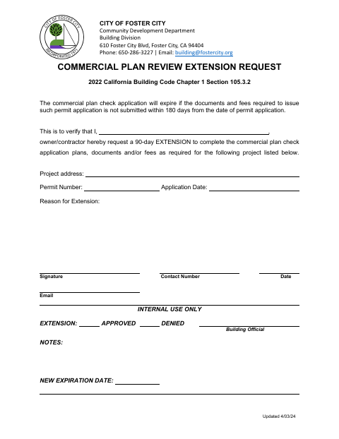 First page of the Commercial Plan Review Extension Request