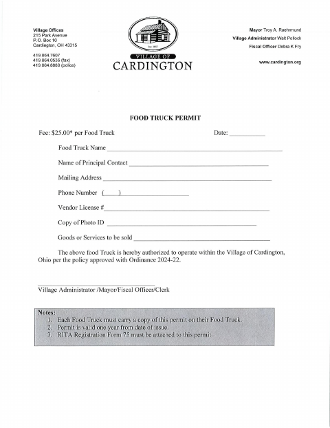 First page of the Food Truck Permit