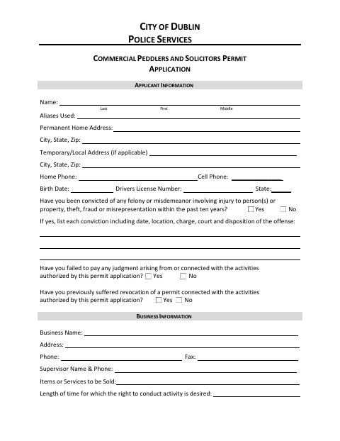 First page of the Commercial Peddlers and Solicitors Permit Application