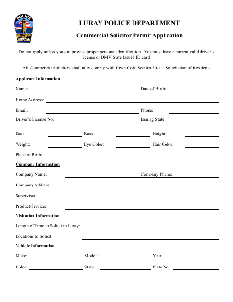 First page of the Commercial Solicitor Permit Application