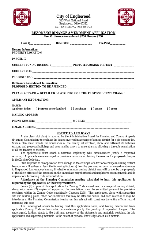 First page of the Rezone/Ordinance Amendment Application