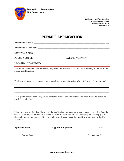 First page of the Fire Department Permit Application