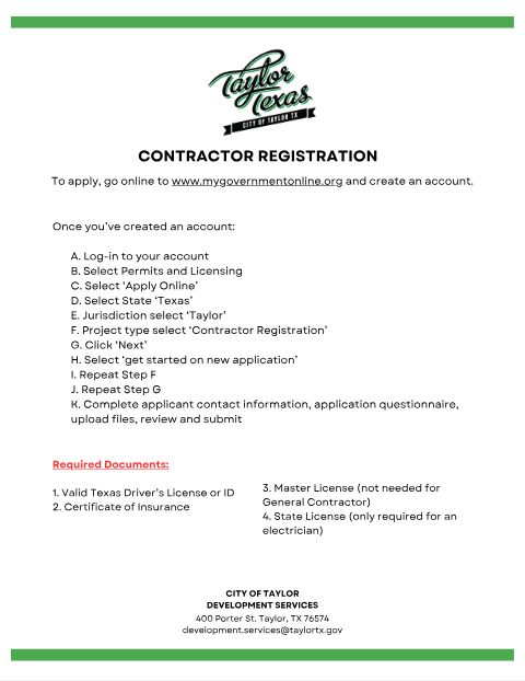 First page of the Contractor Registration