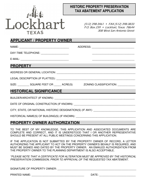 First page of the Historic Preservation Tax Abatement Application