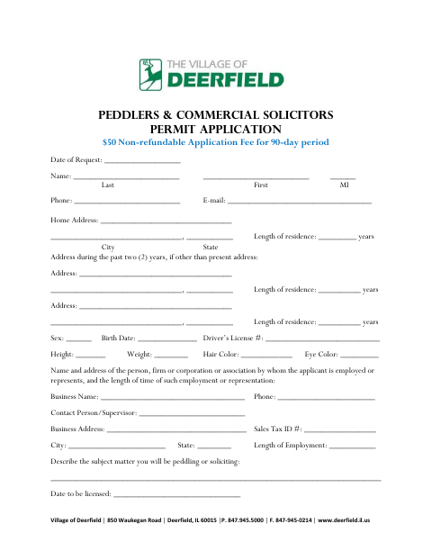 First page of the Peddlers and Commercial Solicitors Permit Application