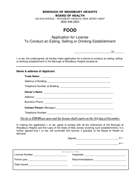 First page of the Food Application for License to Conduct an Eating, Selling or Drinking Establishment