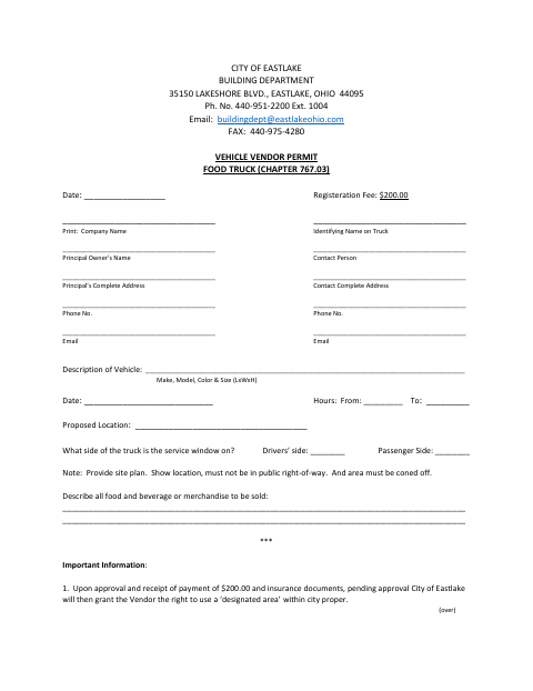 First page of the Vehicle Vendor Permit (Food Truck)