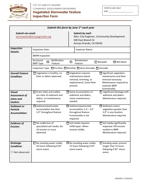 First page of the Vegetated Stormwater Feature Inspection Form