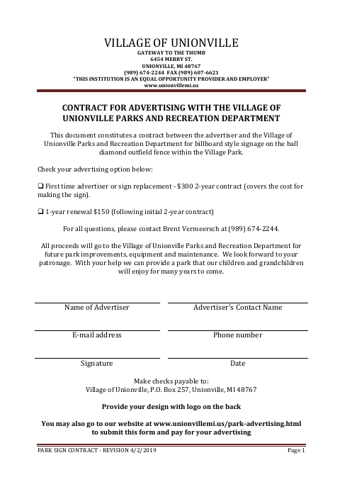 First page of the Park Sign Contract