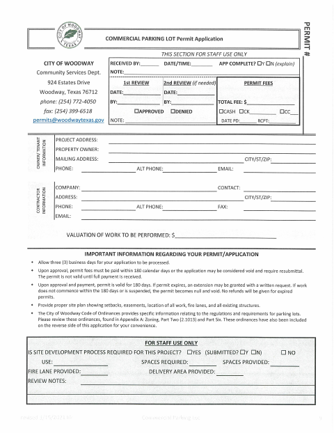 First page of the Commercial Parking Lot Permit Application