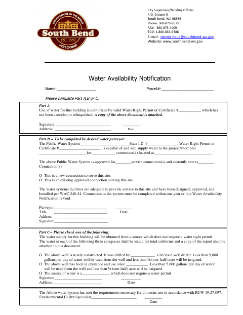 First page of the Water Availability Notification