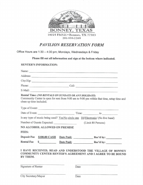 First page of the Pavilion Reservation Form