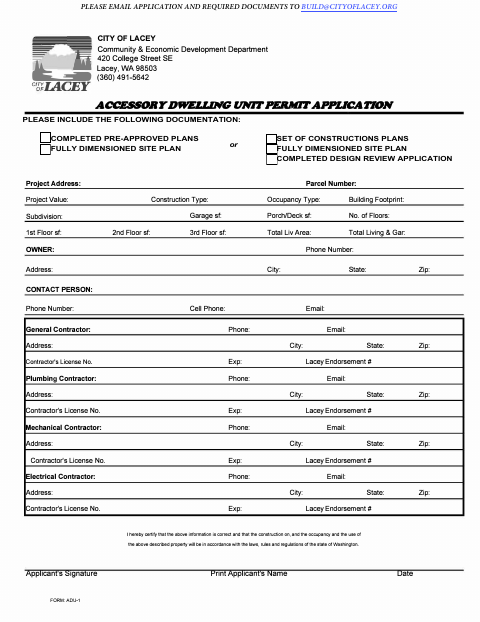 First page of the Accessory Dwelling Unit Permit Application