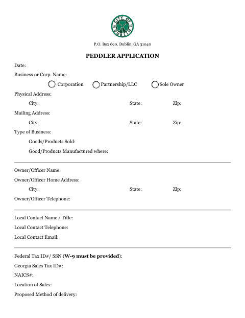 First page of the Peddler Application