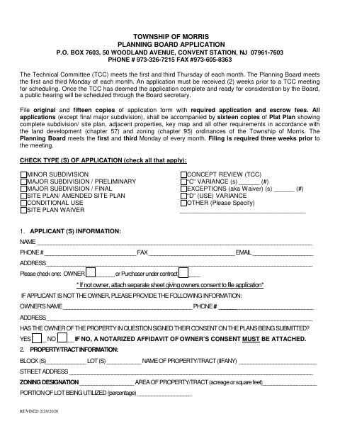 First page of the Planning Board Application