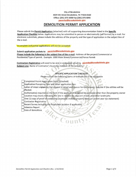 First page of the Demolition Permit Application