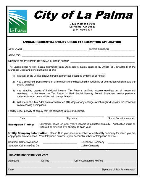 First page of the Annual Residential Utility Users Tax Exemption Application
