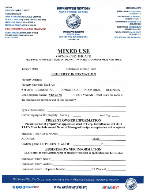 First page of the Mixed Use Owner Certificate Application